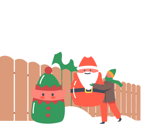 Criança decora o quintal da casa com estátuas de Natal de Papai Noel e Elfo e coloca-as na neve  Ilustração