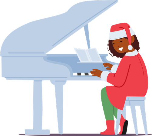 Criança com fantasia festiva de Natal toca piano de cauda  Ilustração