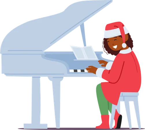 Criança com fantasia festiva de Natal toca piano de cauda  Ilustração