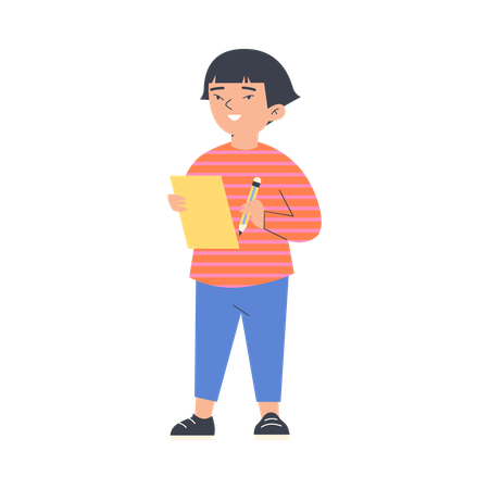 Criança em idade escolar fica de pé e toma notas com caneta  Ilustração
