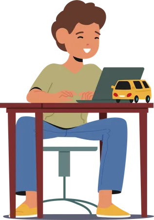 Personagem Infantil Engajado Na Aprendizagem Sentado Em Uma Mesa Focado Em Digitar No Laptop Garotinho Explorando O Mundo Da Tecnologia E Expandindo Seus Conhecimentos Ilustra O Vetorial De Pessoas Dos Desenhos Animados Ilustração