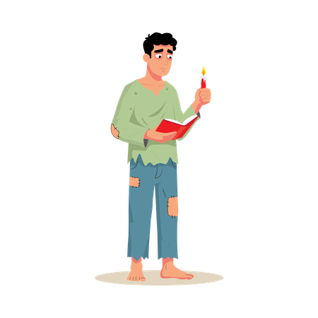 Criança estudando à luz de velas  Ilustração