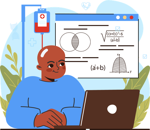 Criança estudando durante a quimioterapia  Ilustração