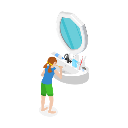 Criança fazendo sua rotina matinal e noturna em frente ao espelho  Ilustração