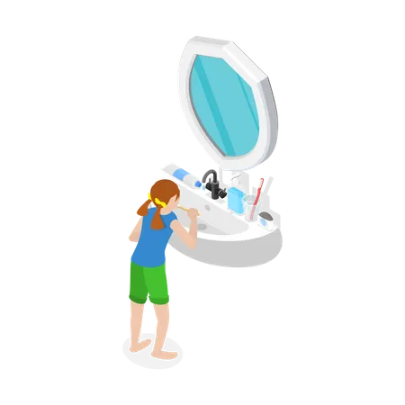 Criança fazendo sua rotina matinal e noturna em frente ao espelho  Ilustração