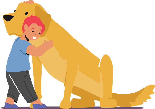 Criança feliz abraça cachorro grande e fofo  Ilustração