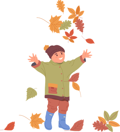 Criança feliz regozijando-se no outono jogando folhas caídas no ar  Ilustração
