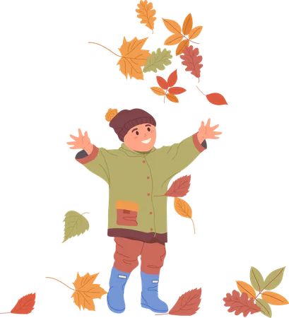 Criança feliz regozijando-se no outono jogando folhas caídas no ar  Ilustração