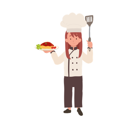 Chef criança feliz servindo macarrão  Ilustração