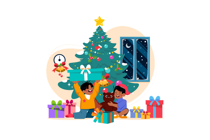 Garoto feliz com presentes de Natal  Ilustração