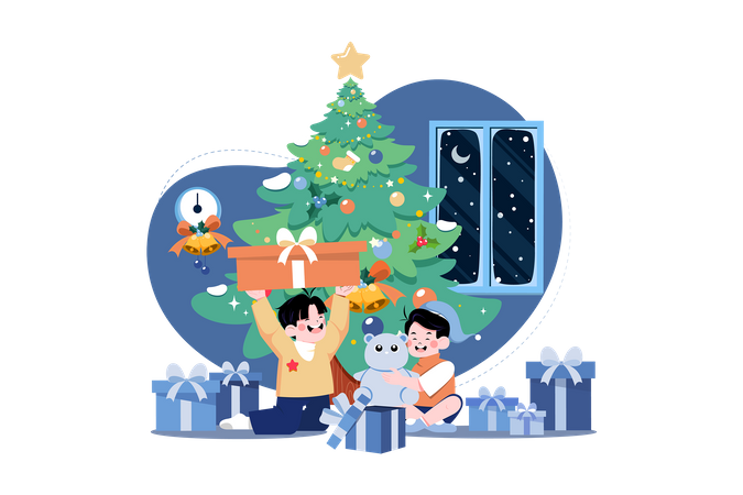 Garoto feliz com presentes de Natal  Ilustração