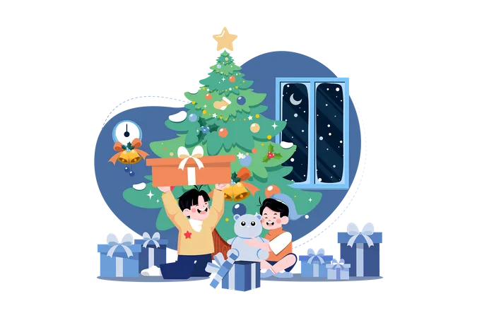 Garoto feliz com presentes de Natal  Ilustração