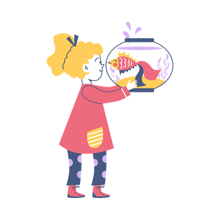 Criança feliz segurando peixinho dourado de aquário  Ilustração
