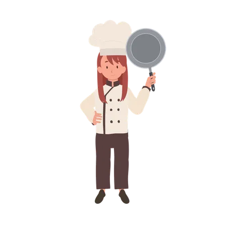 Lindo chef infantil com chapéu e avental de chef está mostrando a frigideira  Ilustração
