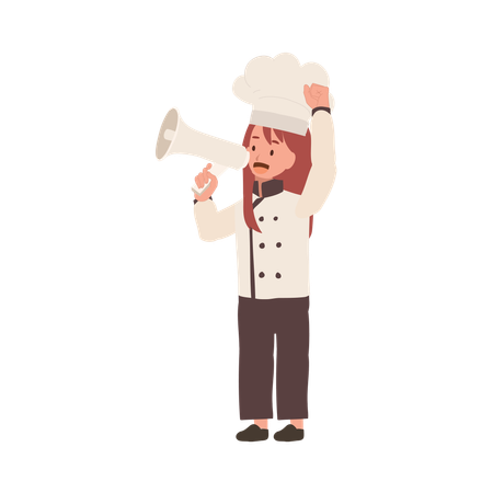 Cozinheiro infantil fofo em uniforme de chef fazendo anúncio com megafone  Ilustração