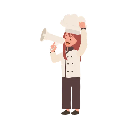 Cozinheiro infantil fofo em uniforme de chef fazendo anúncio com megafone  Ilustração