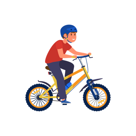 Menino bonito e feliz com capacete de segurança andando de bicicleta  Ilustração