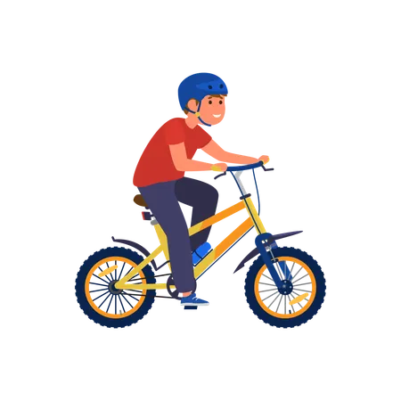 Menino bonito e feliz com capacete de segurança andando de bicicleta  Ilustração