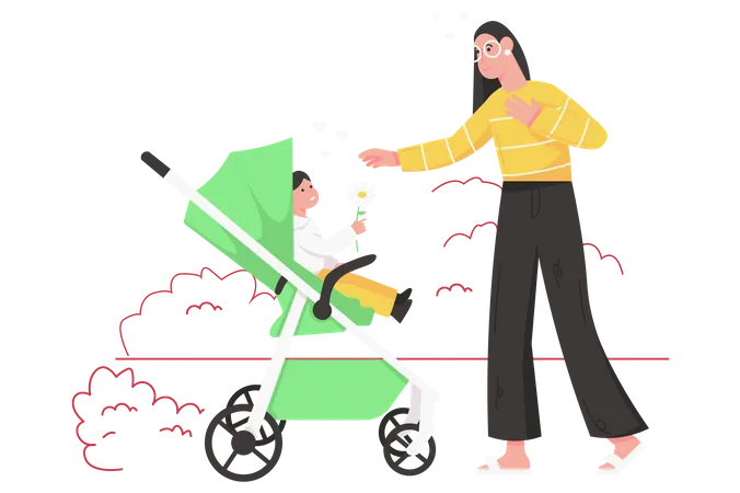 Criança fofa sentada no carrinho dá flor para mãe feliz  Ilustração