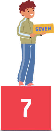 Criança sorridente e fofa segurando o número sete  Ilustração