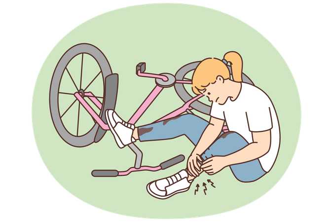 Criança infeliz cai de bicicleta e machuca o pé  Ilustração