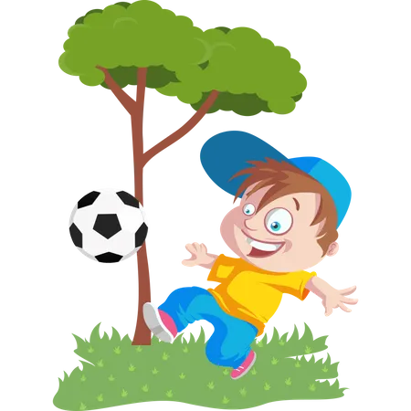 Garoto jogando futebol no parque  Ilustração