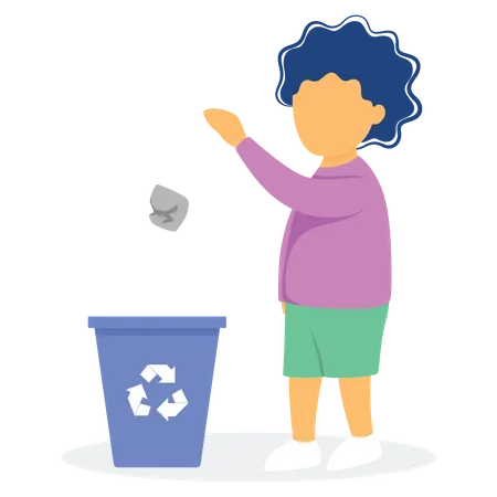 Criança jogando lixo na lata de lixo  Ilustração