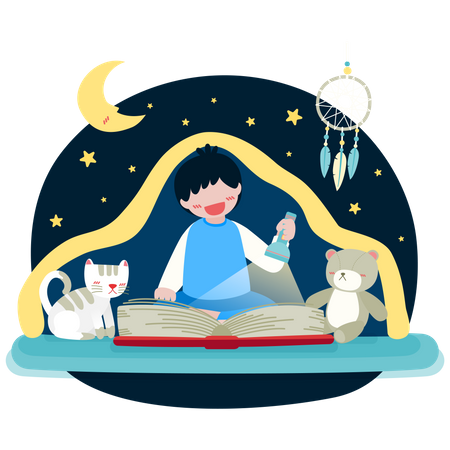 Criança lendo livro antes de dormir  Ilustração