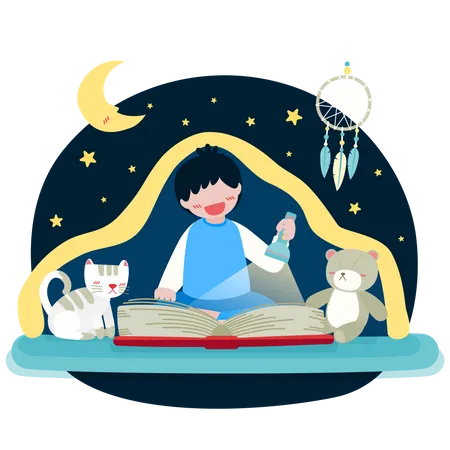Criança lendo livro antes de dormir  Ilustração