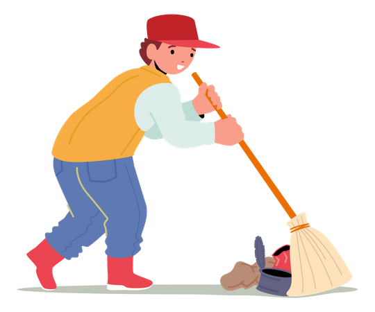 Criança limpando lixo varrendo chão  Ilustração