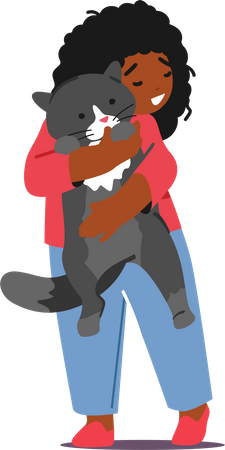 Criança menina abraçando gato  Ilustração