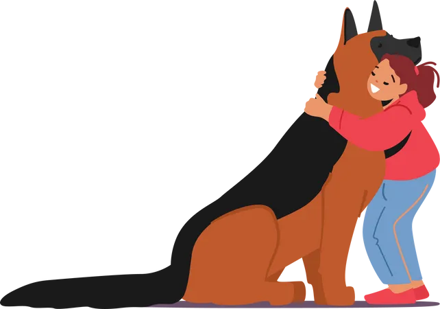 Abraço de menina com animal de estimação  Ilustração