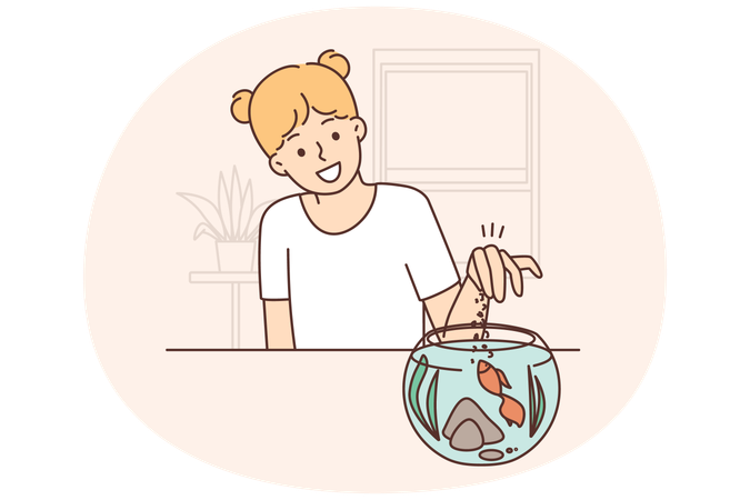 Menina alimentando peixes em aquário  Ilustração