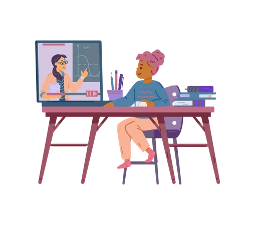 Menina recebe educação online em casa sentada na mesa com um laptop  Illustration