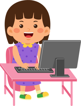 Garota garota usa computador  Ilustração