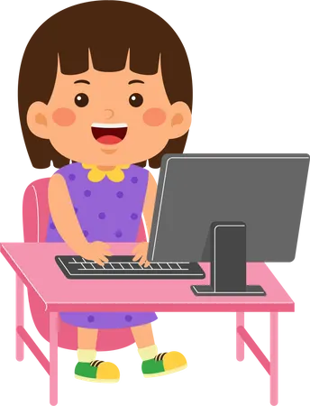 Garota garota usa computador  Ilustração