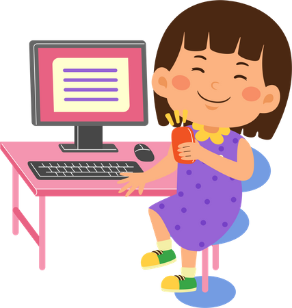 Garota garota usa computador  Ilustração