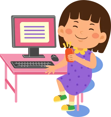 Garota garota usa computador  Ilustração
