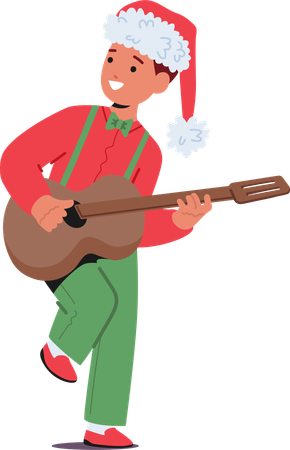Menino com fantasia festiva de Natal dedilha violão com alegria  Ilustração