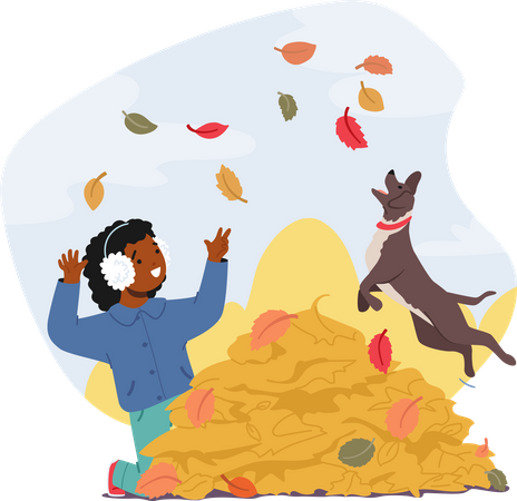Menino e seu companheiro peludo brincando em uma pilha de folhas de outono  Ilustração