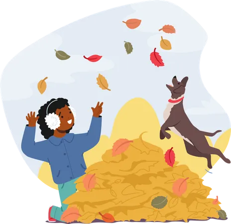 Menino e seu companheiro peludo brincando em uma pilha de folhas de outono  Ilustração