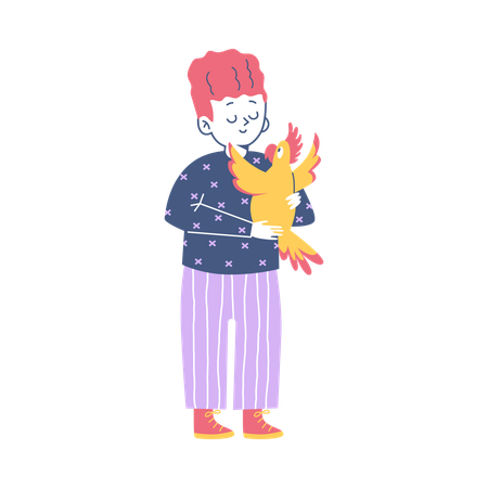 Menino em pé com papagaio de estimação nas mãos  Ilustração