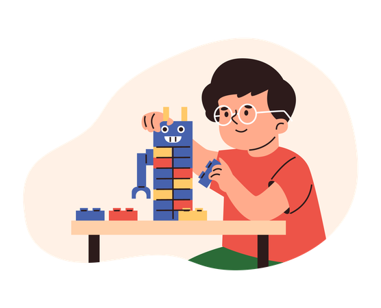 Menino feliz brincando com blocos de construção lego  Ilustração