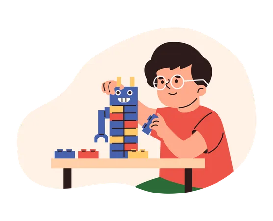 Menino feliz brincando com blocos de construção lego  Ilustração