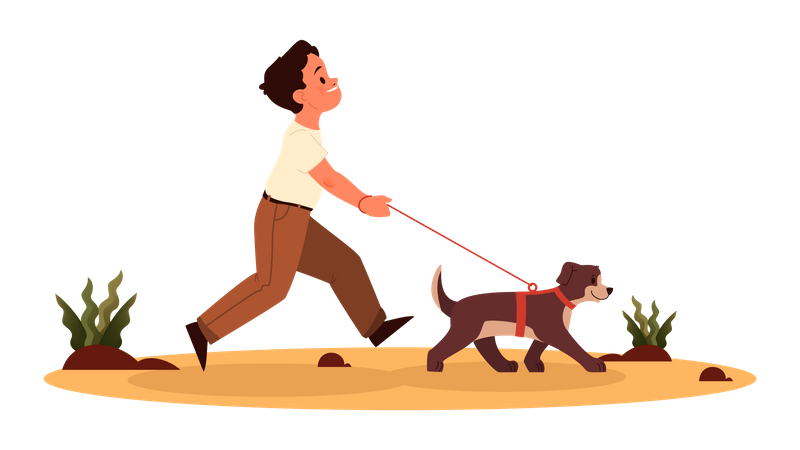 Menino andando com um cachorro  Ilustração