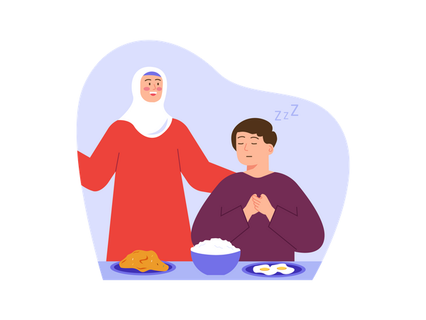 Criança muçulmana rezando antes de comer  Ilustração