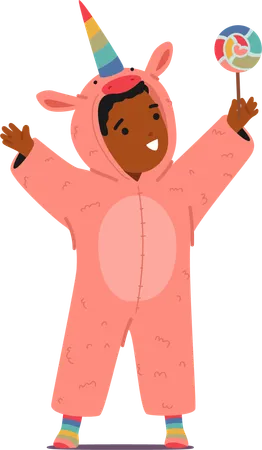 Criança negra usa alegremente pijama Kigurumi com tema de unicórnio e pirulito nas mãos  Ilustração