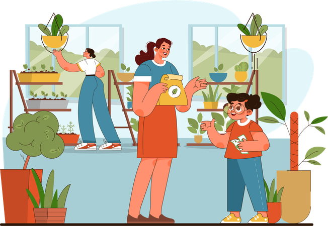 Criança pedindo sementes de plantas para mulher  Ilustração