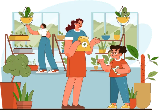 Criança pedindo sementes de plantas para mulher  Ilustração