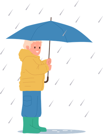 Criança feliz andando com guarda-chuva em tempo chuvoso e tempestuoso  Ilustração